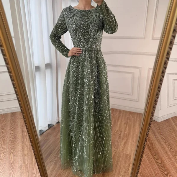 Nove Dress Olive Green Beaded Long Sleeve A-Line Prom Evening Dress 1 - Nove Dress