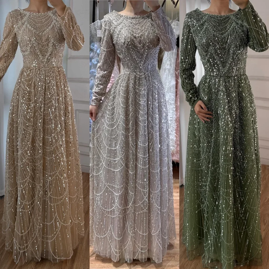 Nove Dress olivgruen A-Linie Abendkleid mit Perlenstickerei und langen Ärmeln für Abiball
