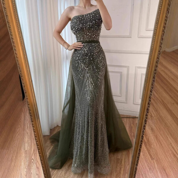 Nove Dress Olive Green Beaded Overskirt Mermaid Evening Dress 1 - Nove Dress