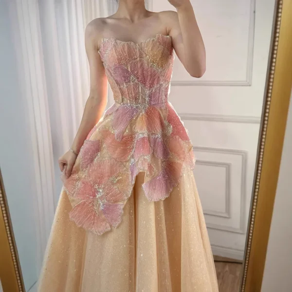 Nove Dress Peach 3D Floral Sparkle Tulle A-Line Evening Dress 1 - Nove Dress