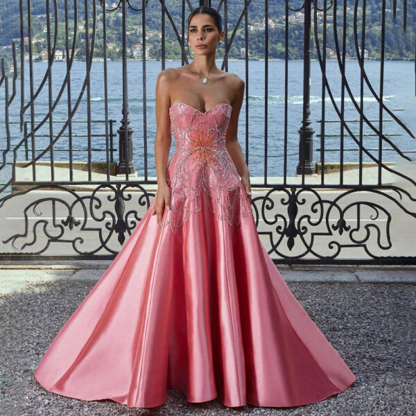 Nove Dress Peach Beaded Satin A-Line Arabic Evening Dress - Style LA72195 1 - Nove Dress