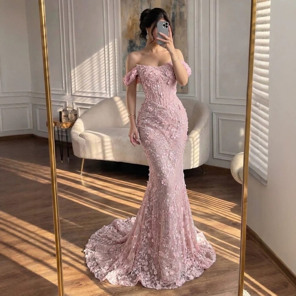 Nove Dress rosa Meerjungfrau Abendkleid mit 3D-Blumen, Spitze und schulterfreiem Schnitt