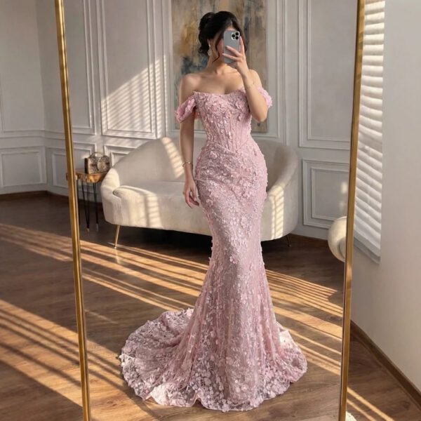 Nove Dress Pink 3D Floral Lace Off Shoulder Mermaid Evening Dress 1 - Nove Dress