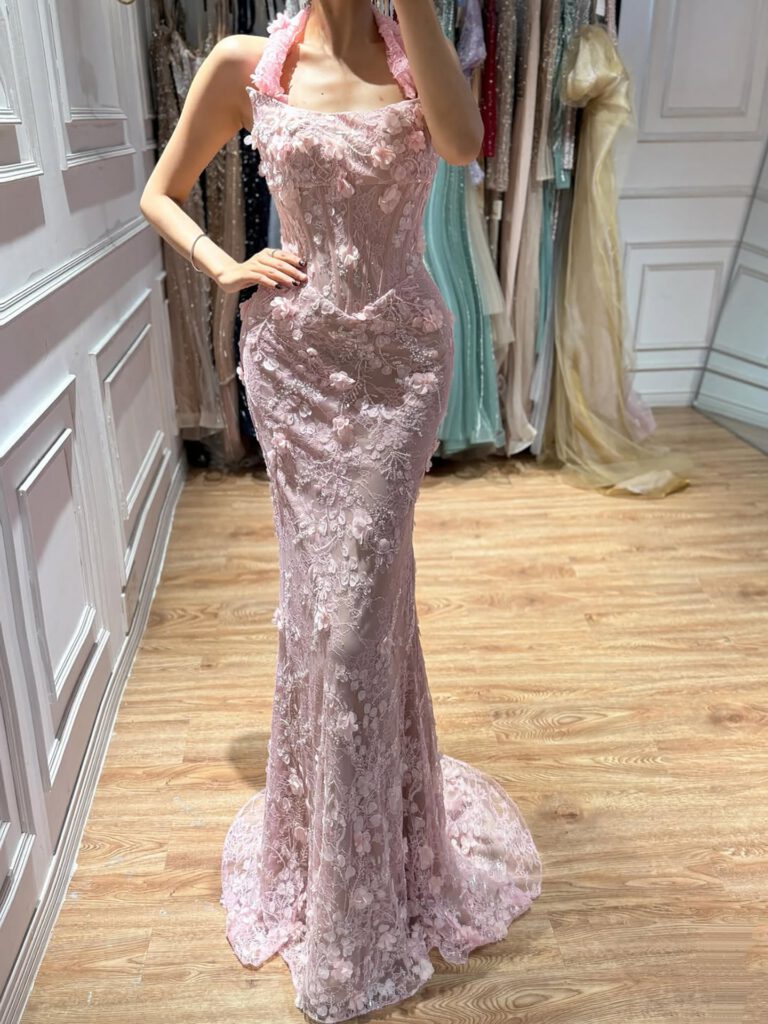 Nove Dress rosa Meerjungfrau Abendkleid mit 3D-Blumen, Spitze und schulterfreiem Schnitt