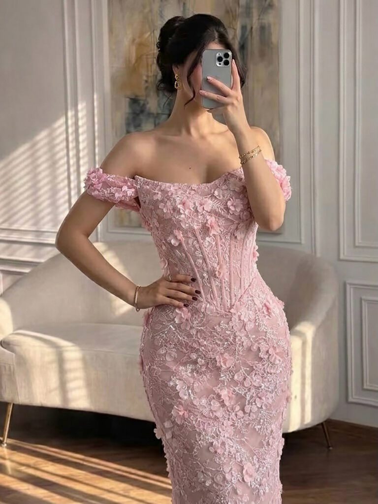 Nove Dress rosa Meerjungfrau Abendkleid mit 3D-Blumen, Spitze und schulterfreiem Schnitt