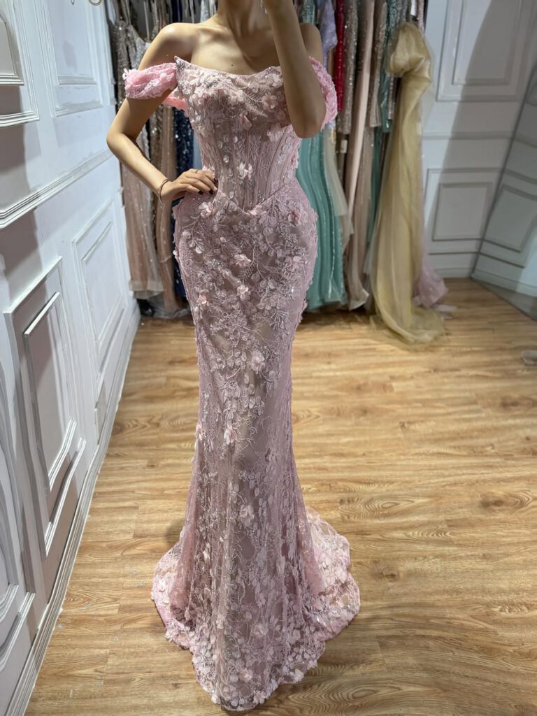 Nove Dress rosa Meerjungfrau Abendkleid mit 3D-Blumen, Spitze und schulterfreiem Schnitt