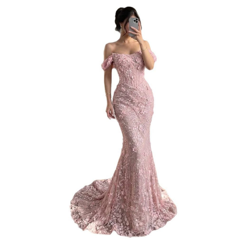 Nove Dress rosa Meerjungfrau Abendkleid mit 3D-Blumen, Spitze und schulterfreiem Schnitt