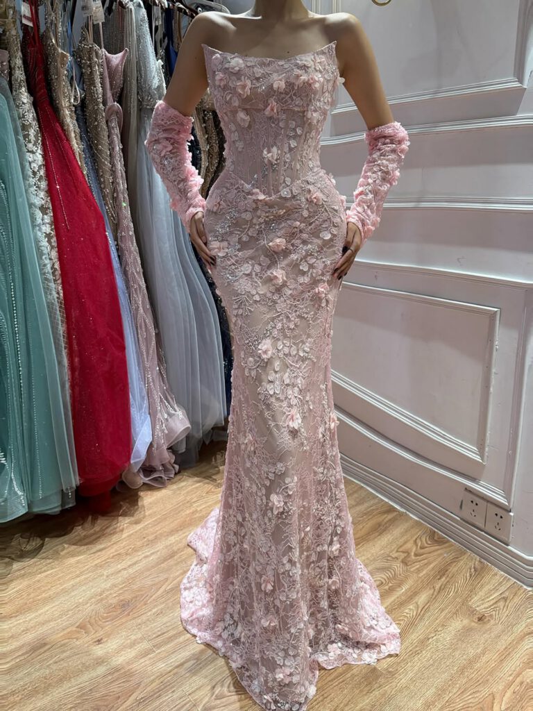 Nove Dress rosa Meerjungfrau Abendkleid mit 3D-Blumen, Spitze und schulterfreiem Schnitt