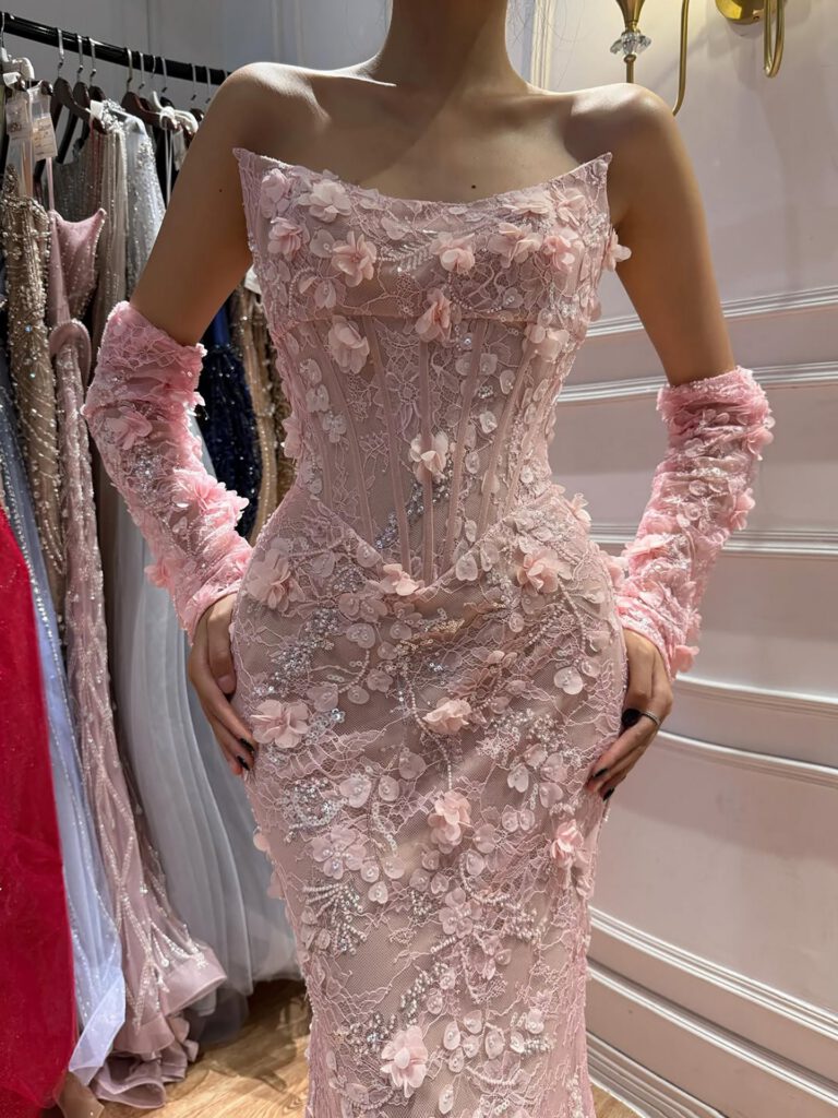 Nove Dress rosa Meerjungfrau Abendkleid mit 3D-Blumen, Spitze und schulterfreiem Schnitt
