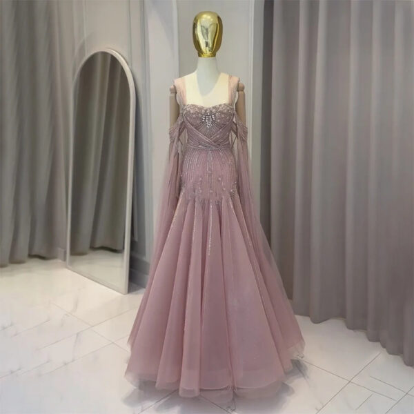Nove Dress Pink Beaded Cape Sleeve A-Line Arabic Evening Dress 1 - Nove Dress