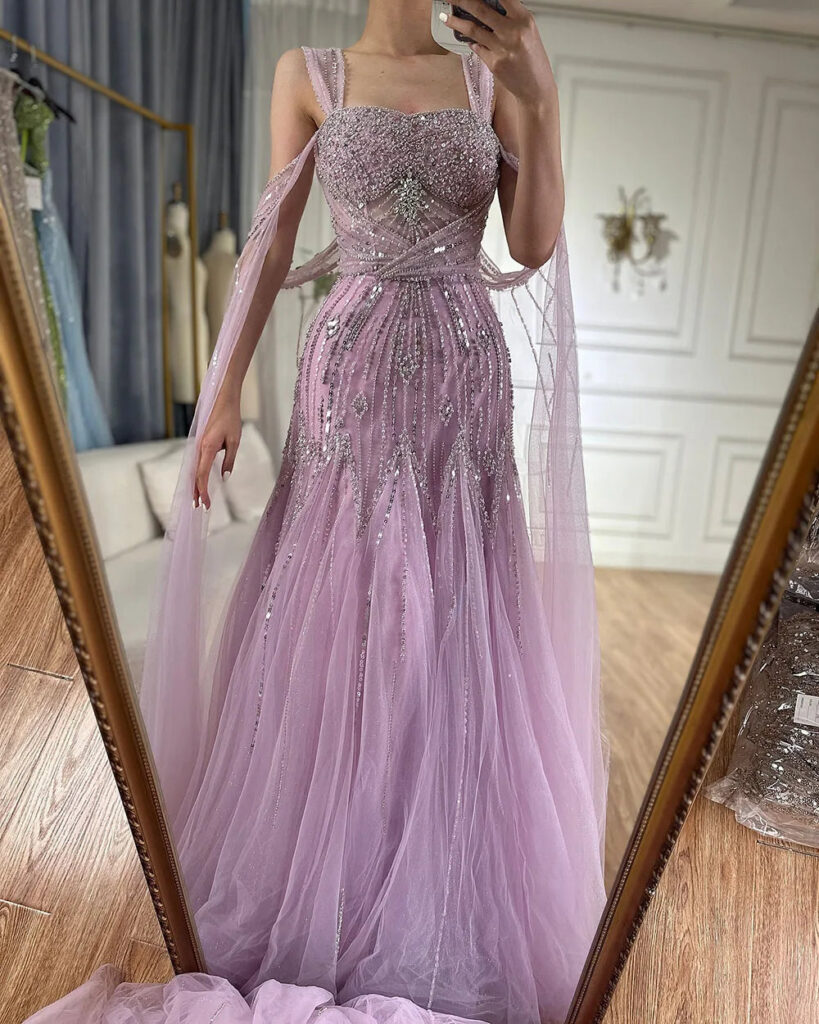 Nove Dress Pink Beaded Cape Sleeve A-Line Arabic Evening Dress