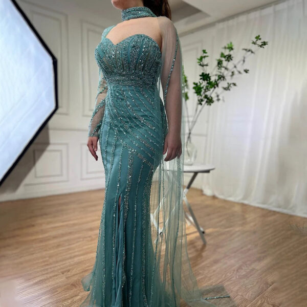 Nove Dress Pink Beaded Cape Sleeve High Slit Mermaid Arabic Evening Dress - Style LA71938 1 - Nove Dress