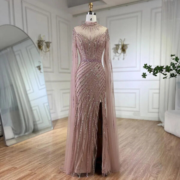 Nove Dress Pink Beaded Cape Sleeve High Slit Mermaid Arabic Evening Dress - Style LA72449 1 - Nove Dress