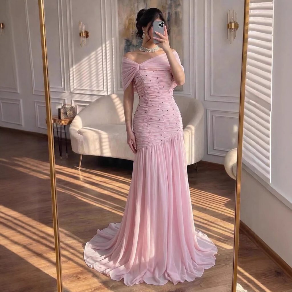 Nove Dress Pink Beaded Chiffon A-Line Evening Dress