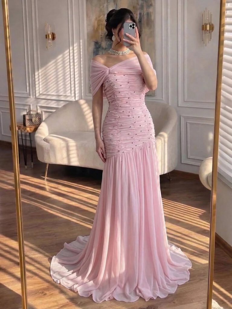 Nove Dress Pink Beaded Chiffon A-Line Evening Dress