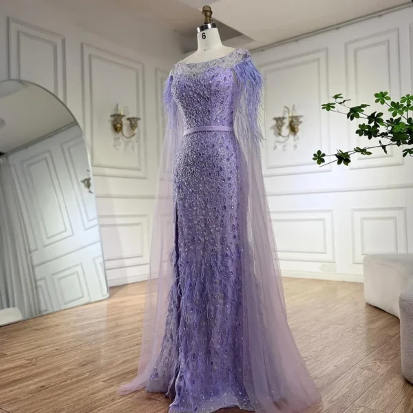 Nove Dress Pink Beaded Feather Cape Sleeve Mermaid Arabic Evening Dress 1 - Nove Dress