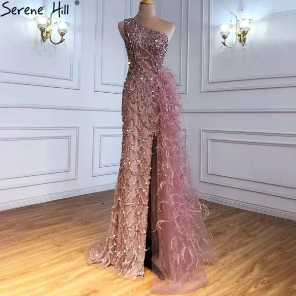 Nove Dress Pink Beaded Feather High Slit Mermaid Evening Dress 1 - Nove Dress