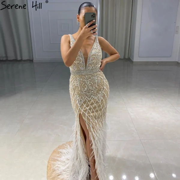 Nove Dress Pink Beaded Feather Mermaid Evening Dress - Style BLA70791 1 - Nove Dress