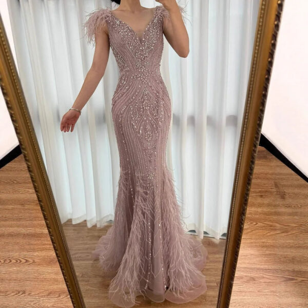 Nove Dress Pink Beaded Feather Mermaid Evening Dress - Style LA73098 1 - Nove Dress