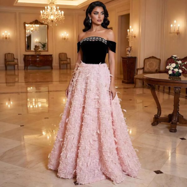 Nove Dress Pink Beaded Feather Off Shoulder A-Line Evening Dress 1 - Nove Dress