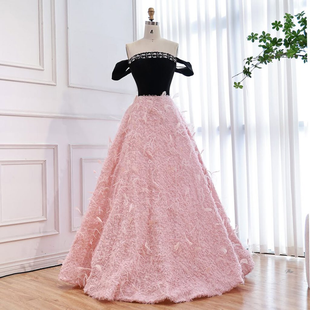 Nove Dress Pink Beaded Feather Off Shoulder A-Line Evening Dress