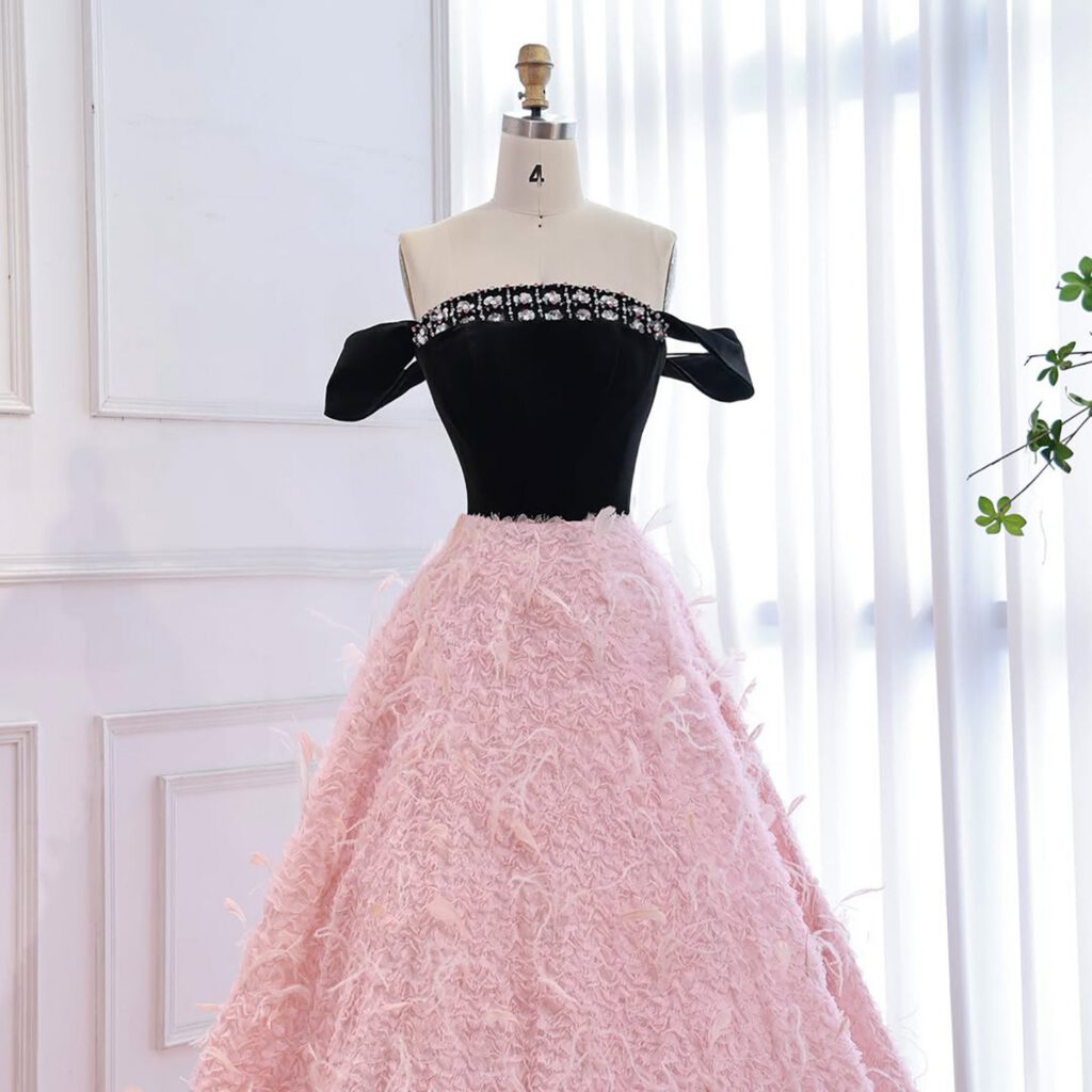 Nove Dress Pink Beaded Feather Off Shoulder A-Line Evening Dress