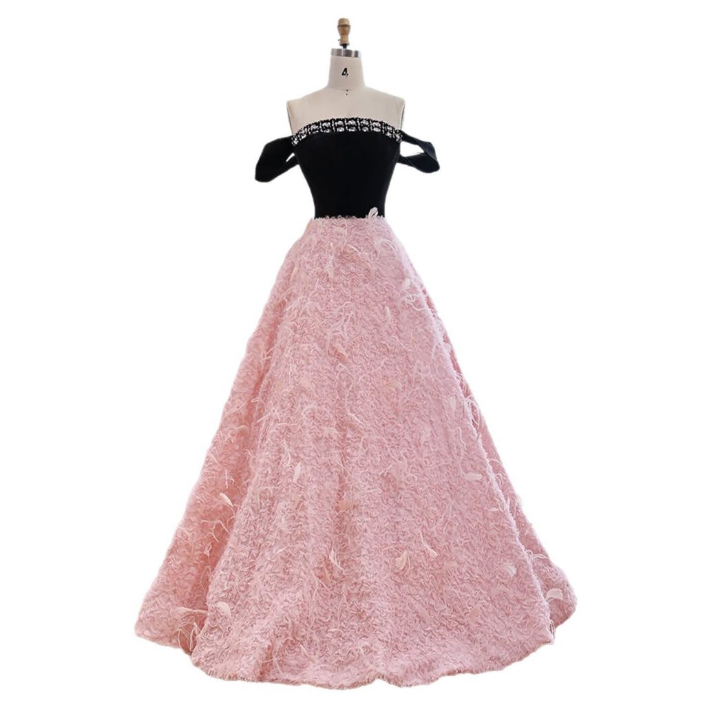 Nove Dress Pink Beaded Feather Off Shoulder A-Line Evening Dress