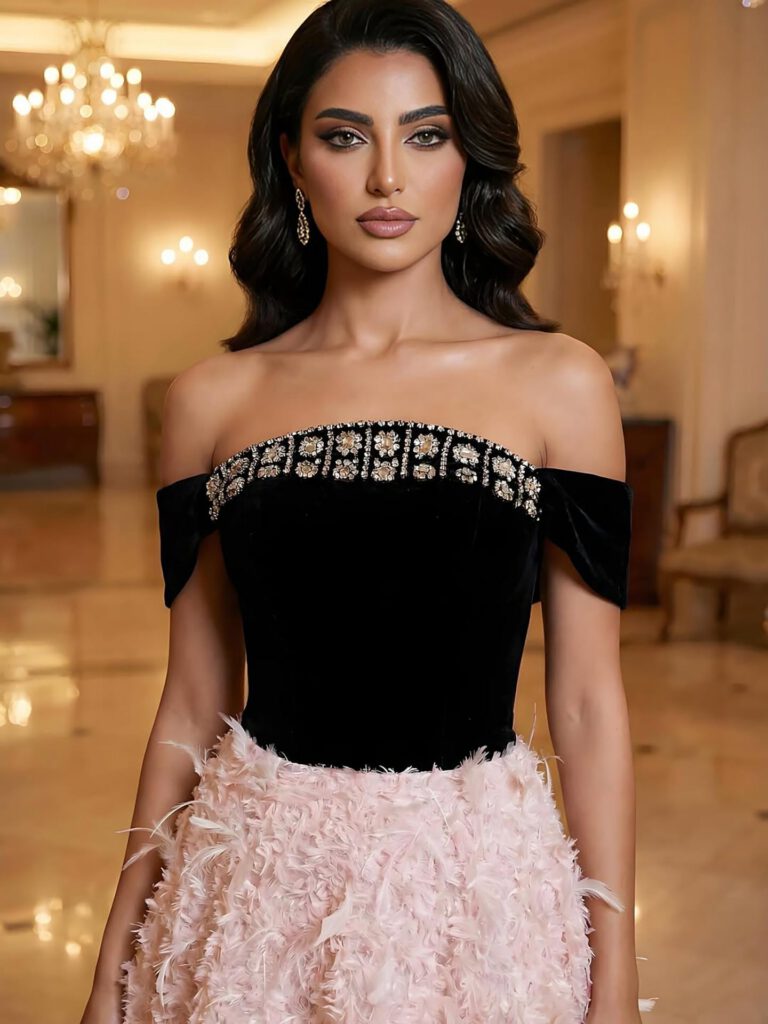 Nove Dress Pink Beaded Feather Off Shoulder A-Line Evening Dress