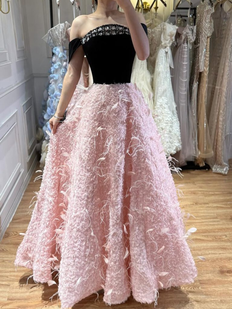 Nove Dress Pink Beaded Feather Off Shoulder A-Line Evening Dress