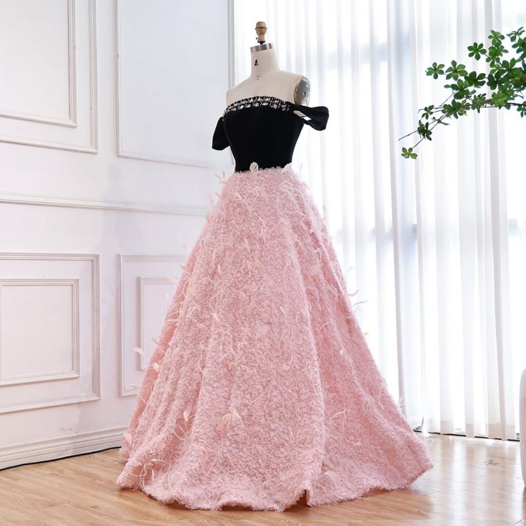 Nove Dress Pink Beaded Feather Off Shoulder A-Line Evening Dress