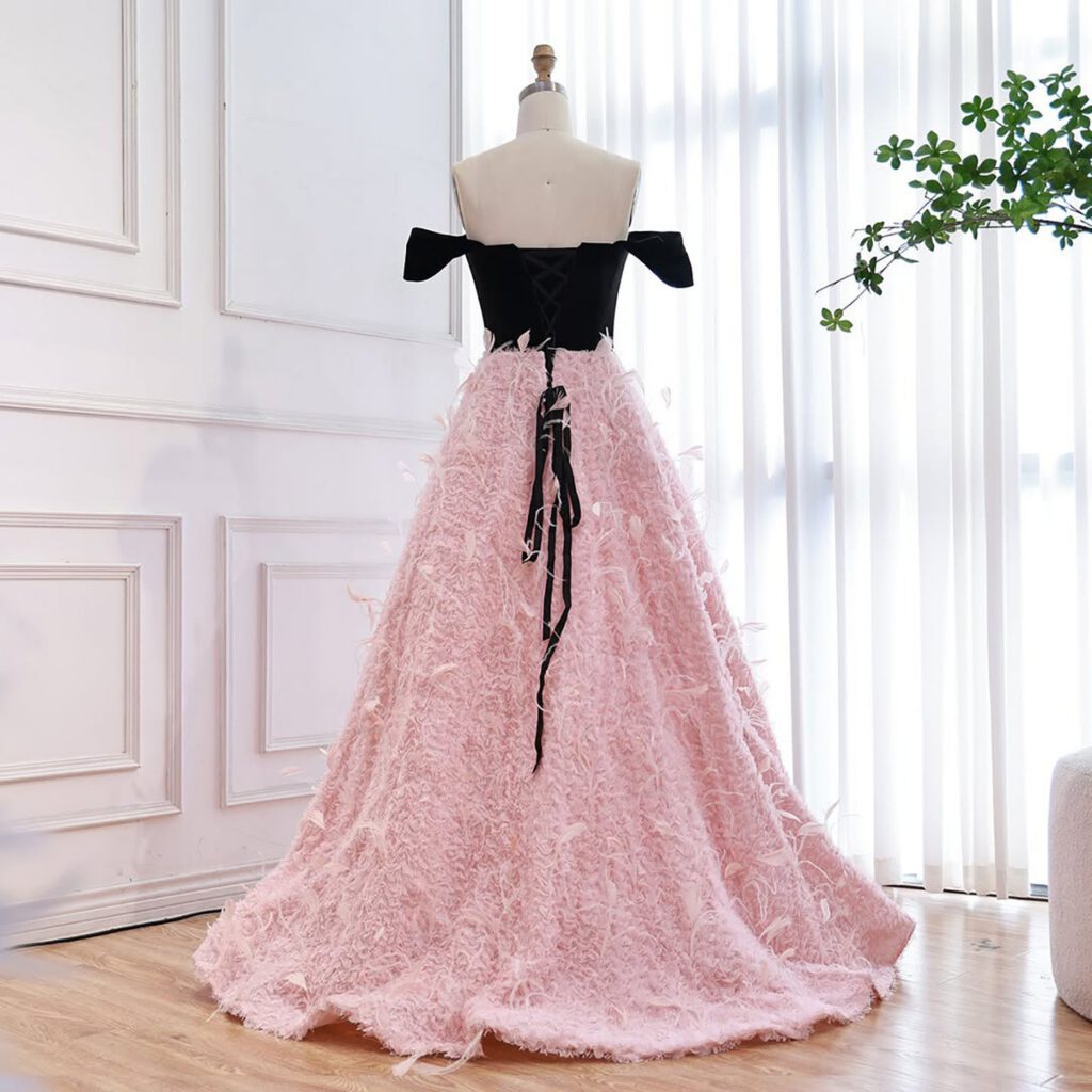 Nove Dress Pink Beaded Feather Off Shoulder A-Line Evening Dress