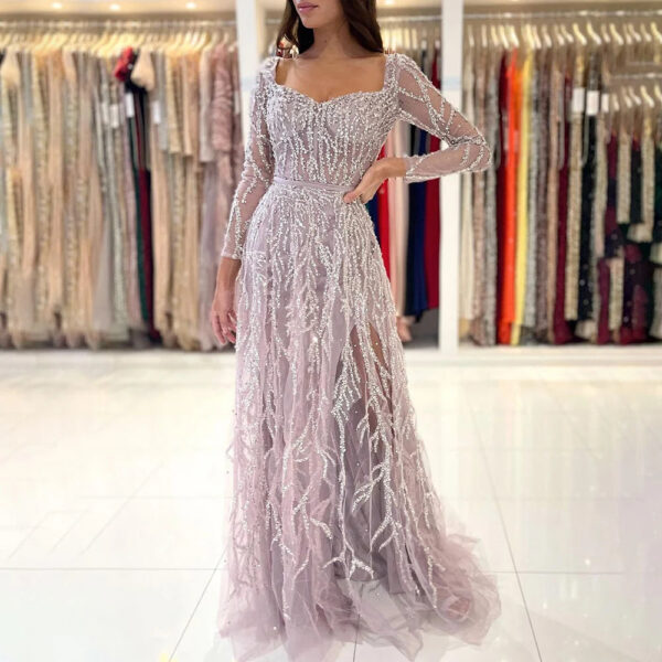 Nove Dress Pink Beaded High Slit Arabic Evening Dress 1 - Nove Dress