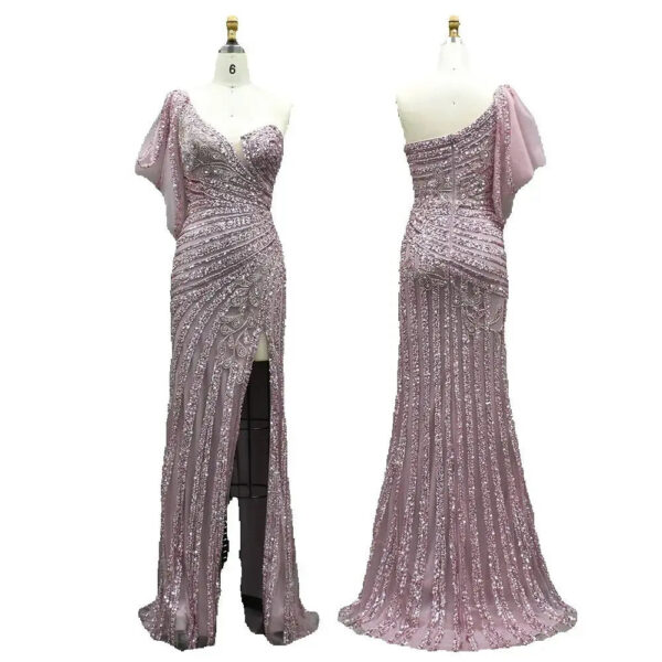 Nove Dress Pink Beaded High Slit One Shoulder Mermaid Arabic Evening Dress 1 - Nove Dress