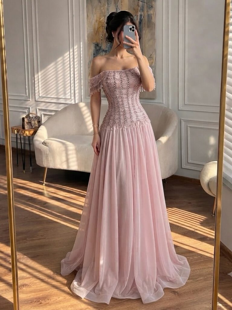 Nove Dress Pink Beaded Lace A-Line Evening Dress