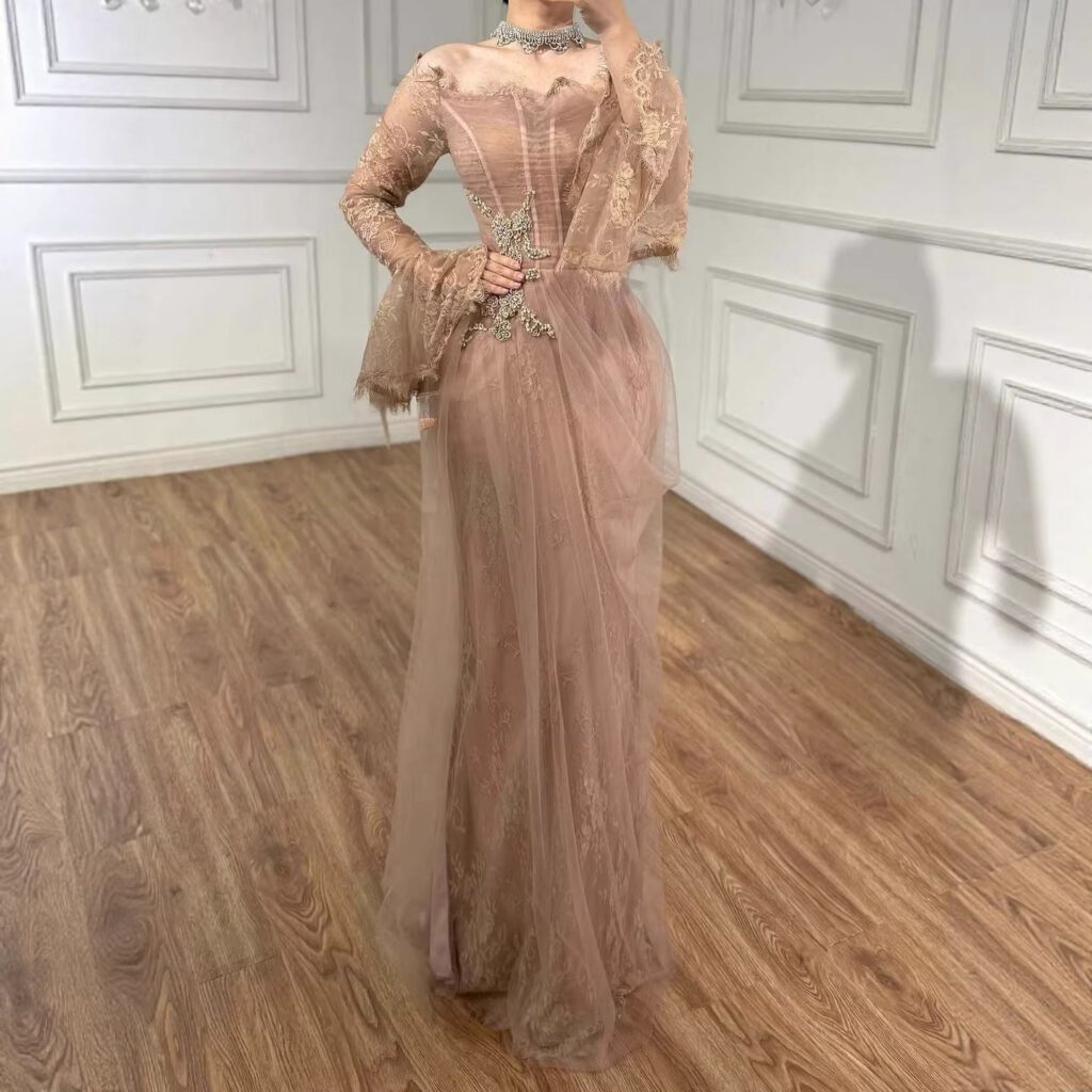 Nove Dress Pink Beaded Lace Mermaid Evening Dress