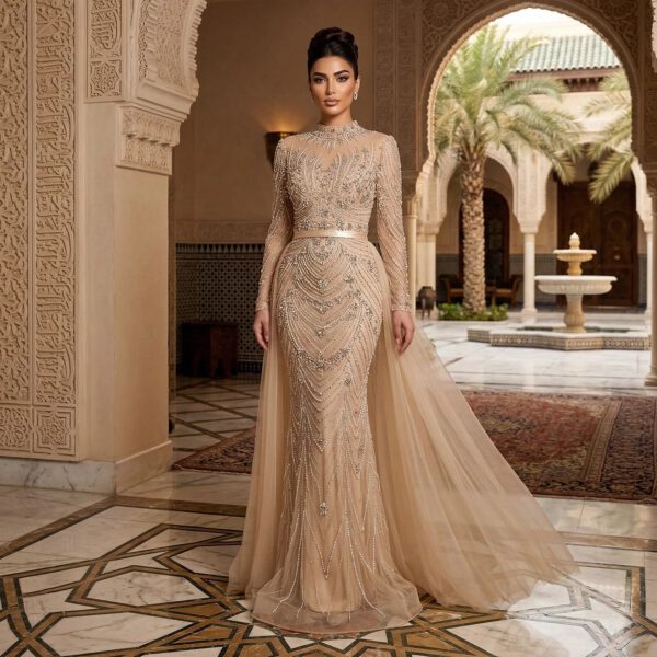 Nove Dress Pink Beaded Long Sleeve Mermaid Evening Dress 1 - Nove Dress