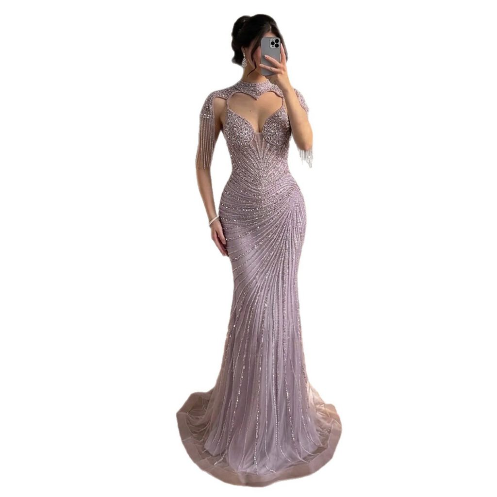Nove Dress Pink Beaded Mermaid Evening Dress - Style
