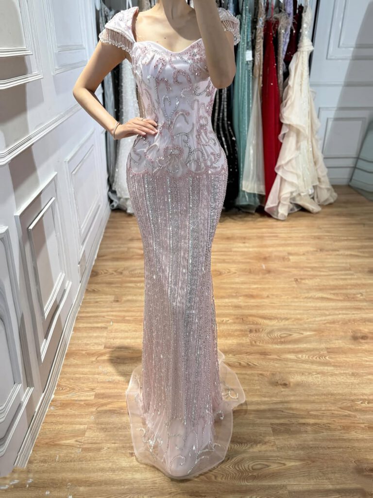 Nove Dress Pink Beaded Mermaid Evening Dress - Style