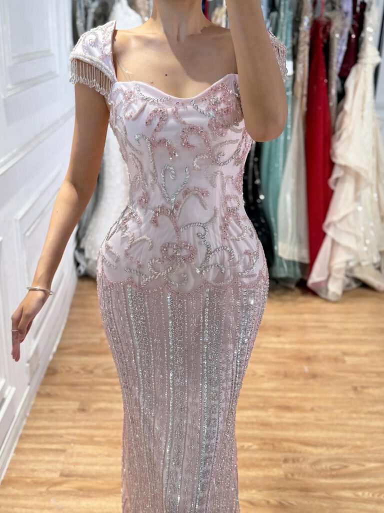 Nove Dress Pink Beaded Mermaid Evening Dress - Style
