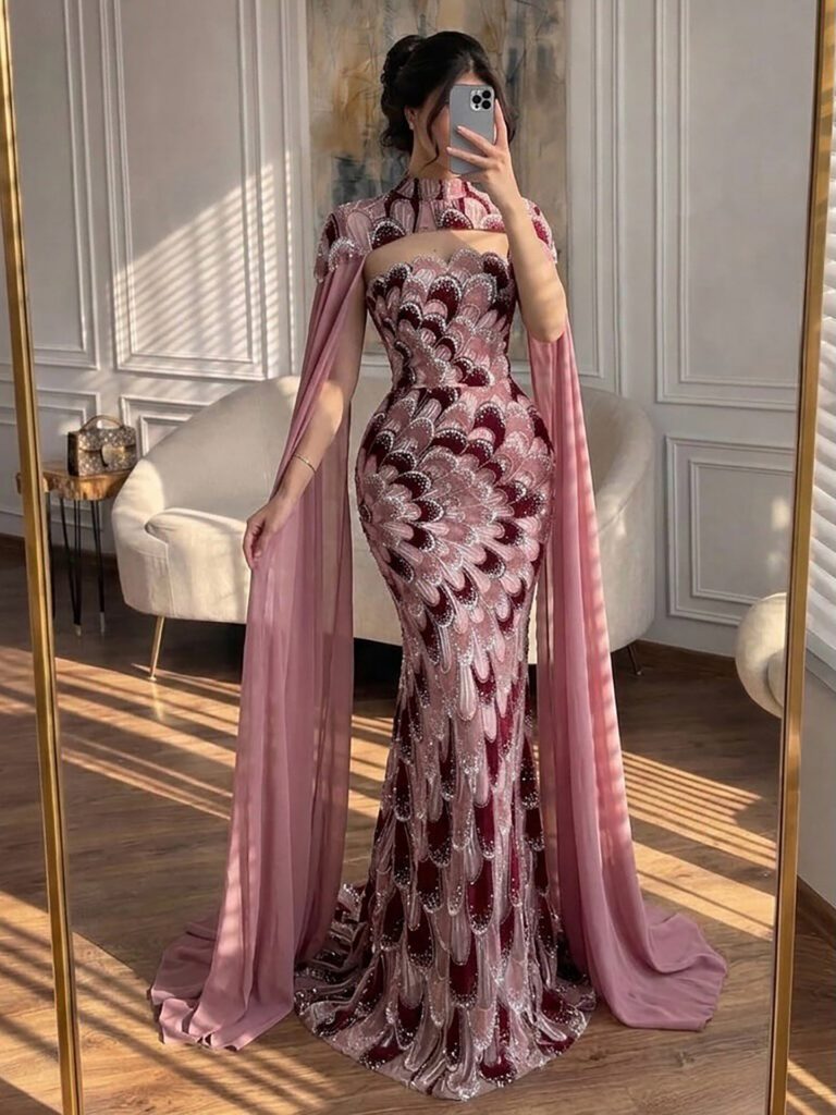 Nove Dress Pink Beaded Mermaid Evening Dress - Style