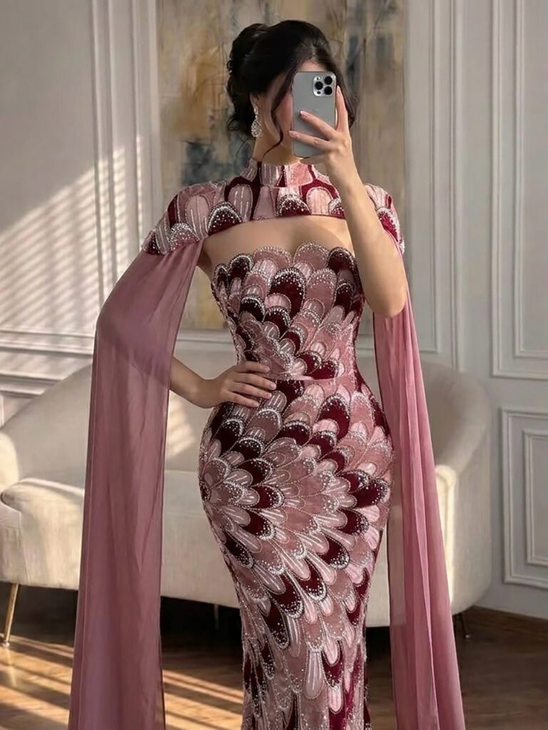 Nove Dress Pink Beaded Mermaid Evening Dress - Style