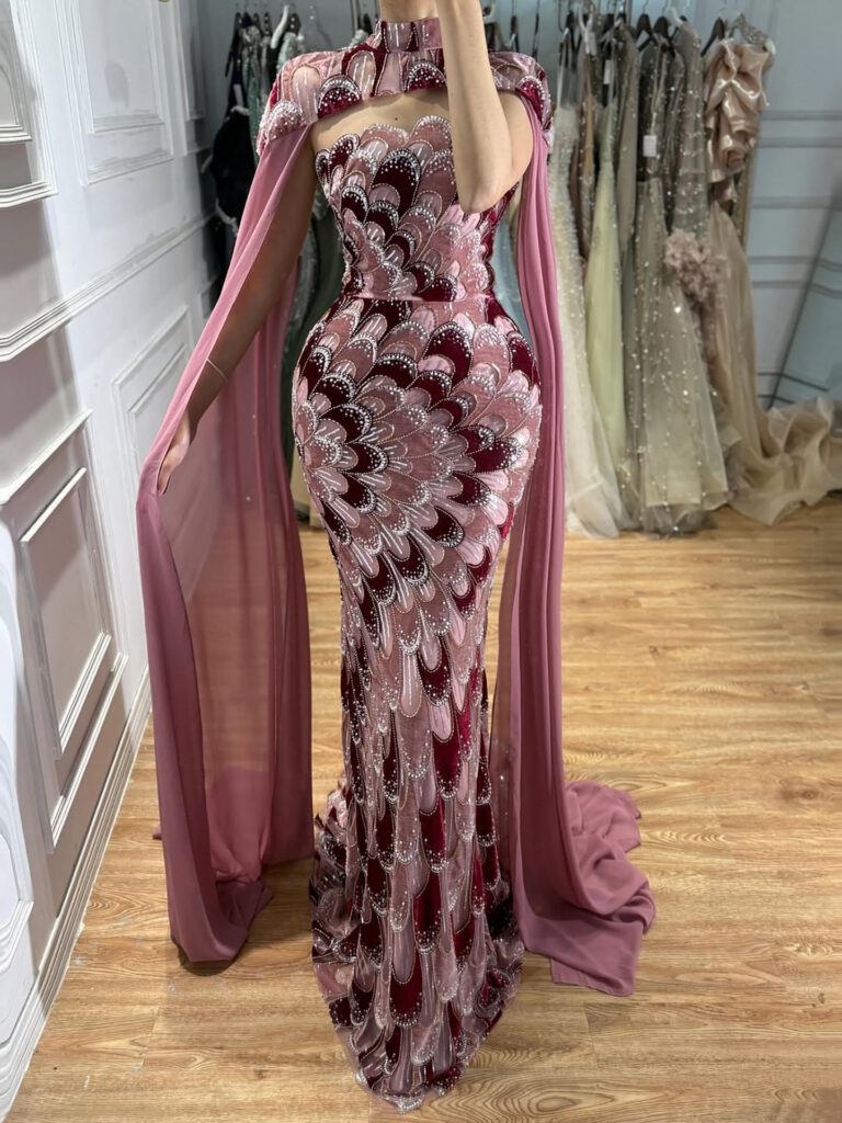 Nove Dress Pink Beaded Mermaid Evening Dress - Style