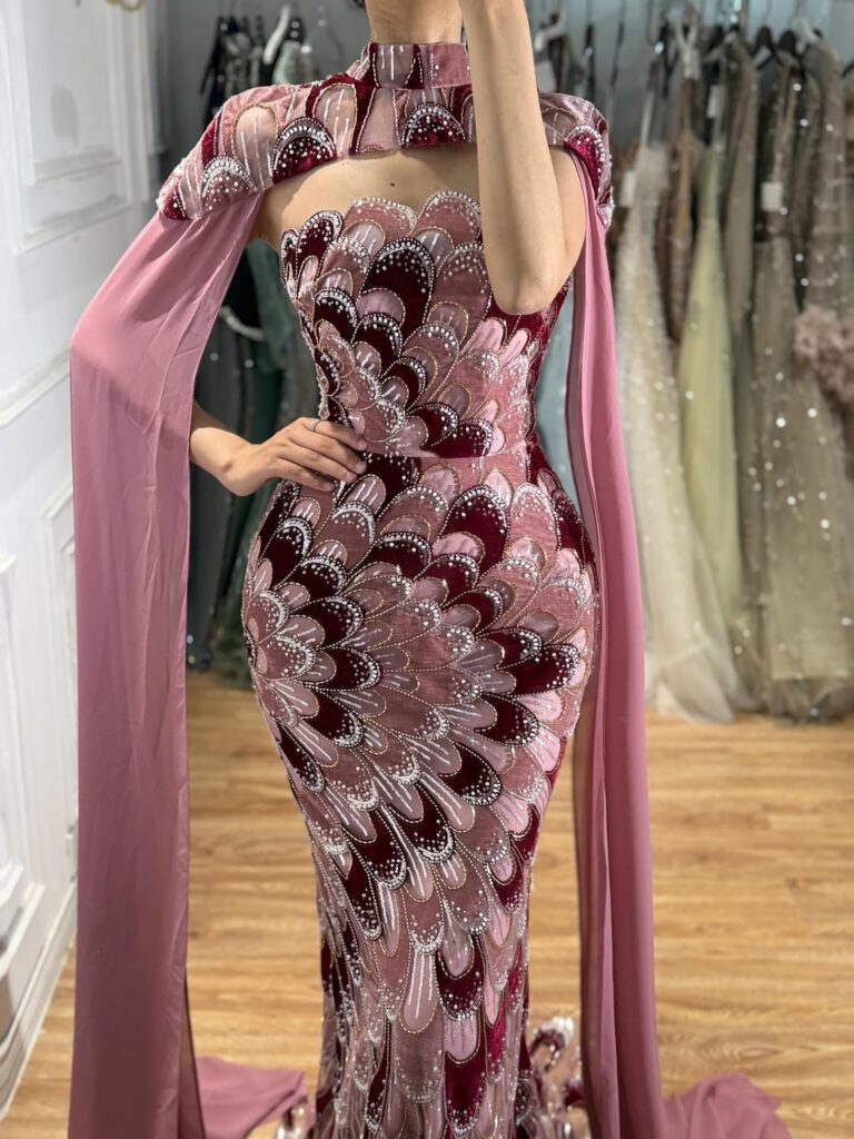 Nove Dress Pink Beaded Mermaid Evening Dress - Style