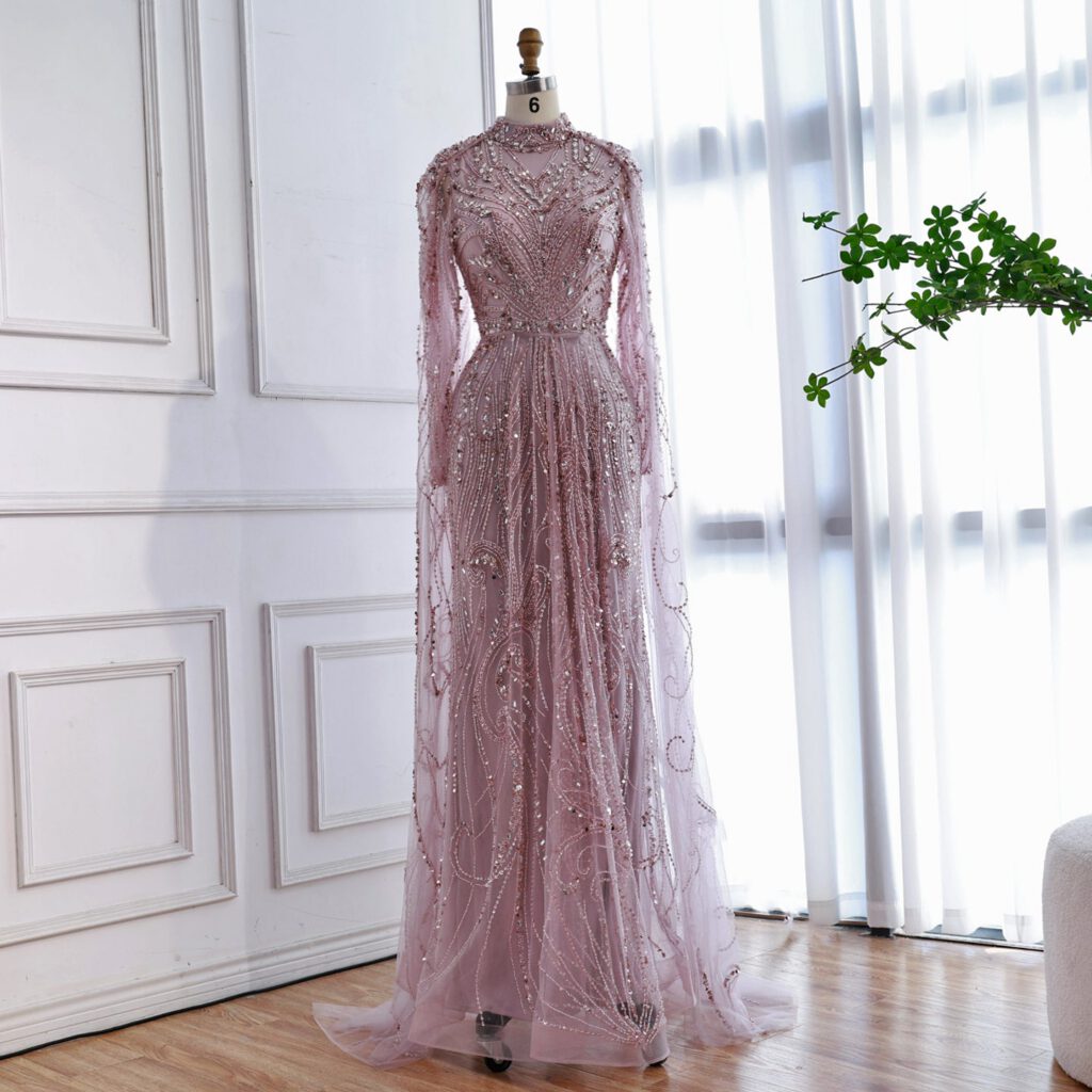 Nove Dress rosa Abendkleid mit Perlenstickerei im Modest-Stil