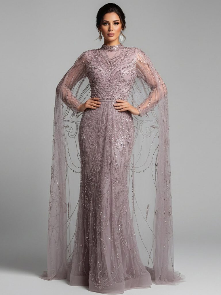Nove Dress rosa Abendkleid mit Perlenstickerei im Modest-Stil