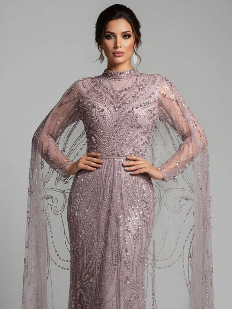 Nove Dress rosa Abendkleid mit Perlenstickerei im Modest-Stil