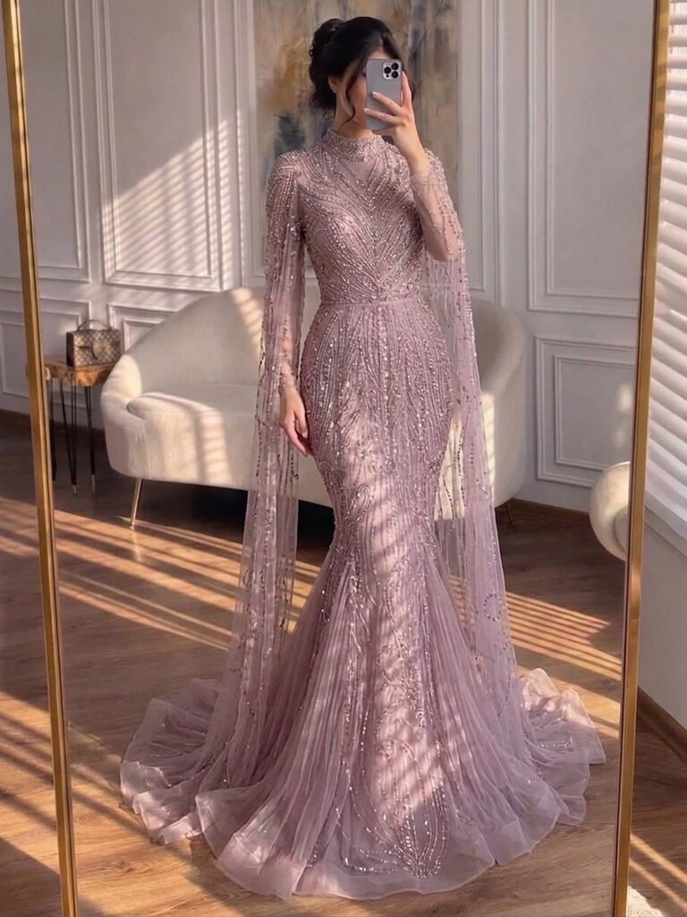 Nove Dress rosa Abendkleid mit Perlenstickerei im Modest-Stil