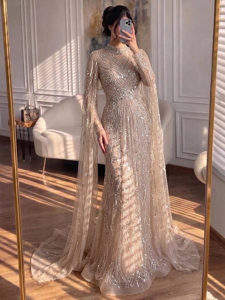 Nove Dress rosa Abendkleid mit Perlenstickerei im Modest-Stil