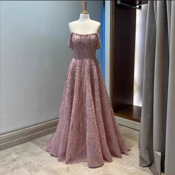 Nove Dress Pink Beaded Off Shoulder A-Line Arabic Evening Dress 1 - Nove Dress