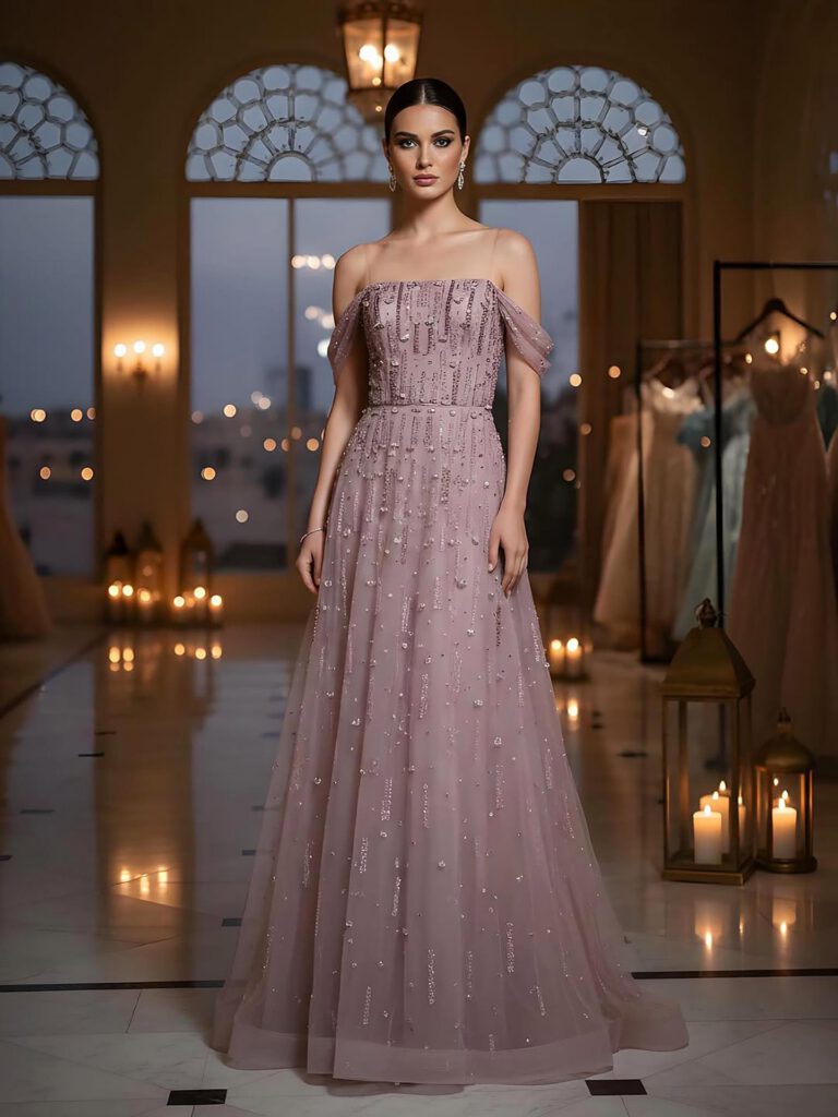 Nove Dress Pink Beaded Off Shoulder A-Line Arabic Evening Dress